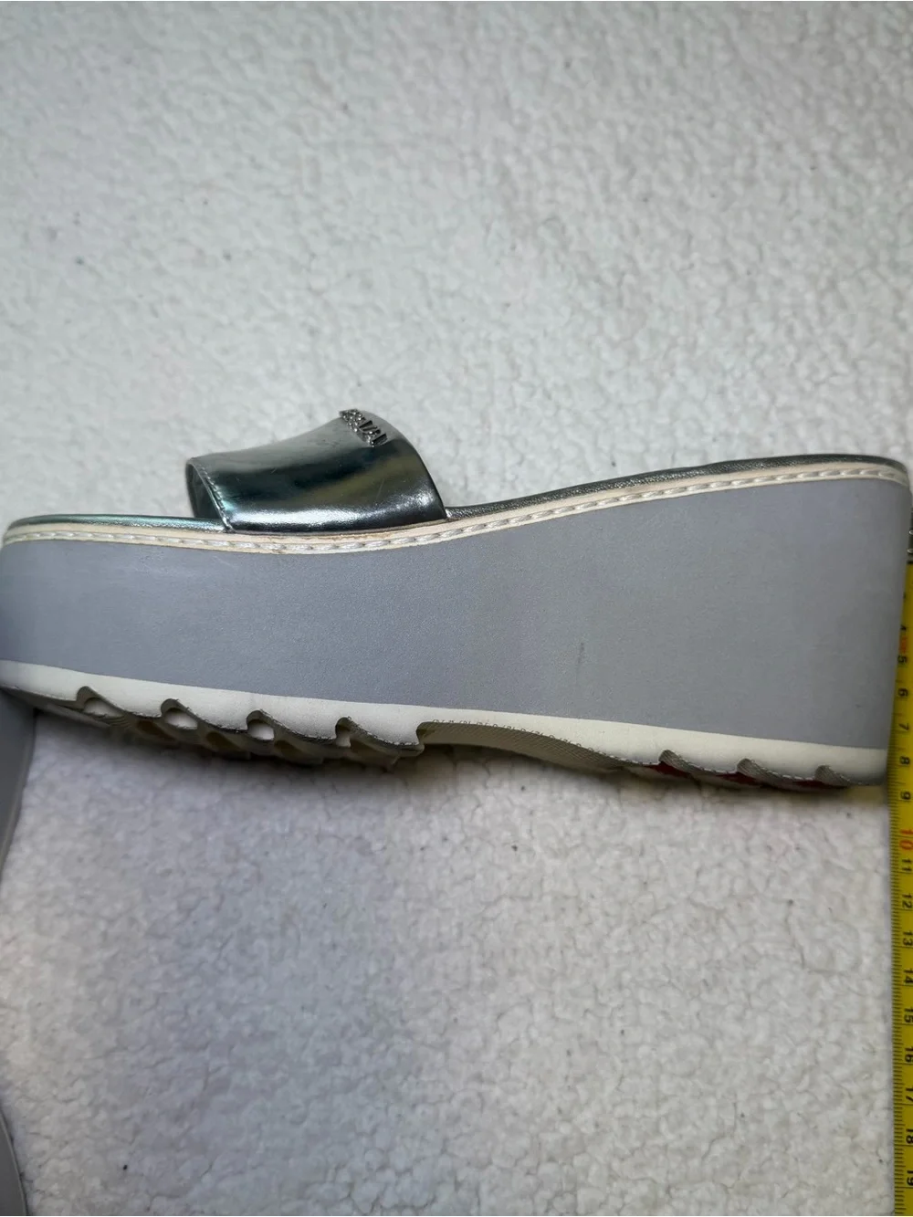 Authentic Vintage PRADA Silver  Leather Wedge Sandals Platform Slide 37.5